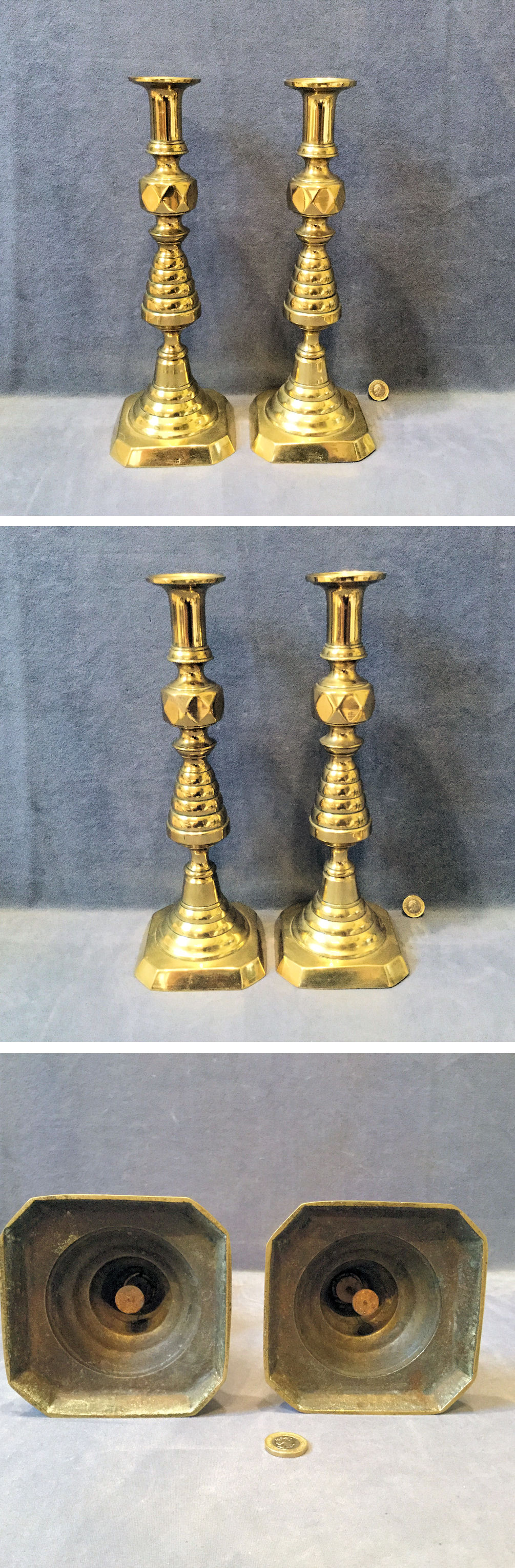 19th Century Brass 'Beehive' Candlesticks