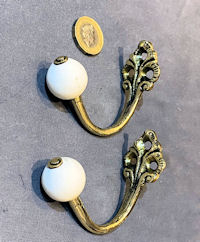 Pair of Brass & Ceramic Hat or Coat Peg CH144