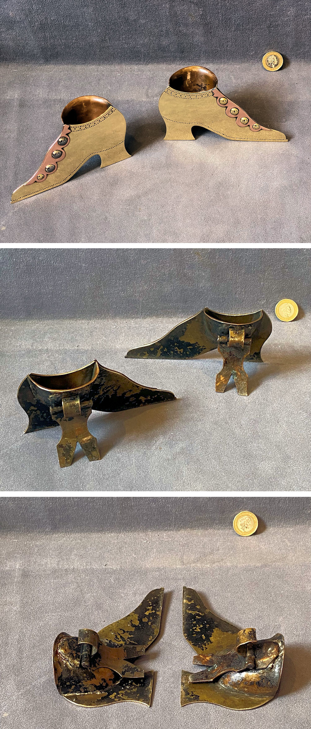 Antique Pair of Victorian Brass Boot Mantle Ornaments