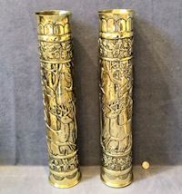 Pair of Large Trench Art Decorated Brass Shell Cases