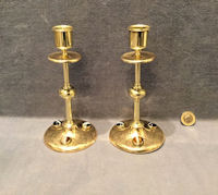 Pair of Engraved Brass Candlesticks with Agate Mounts