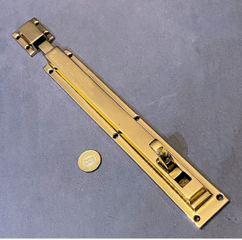 10" Pink Brass Door Bolt — Brass, 1920's