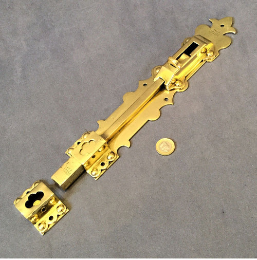 12" Brass Door Bolt — Brass, late 19th century