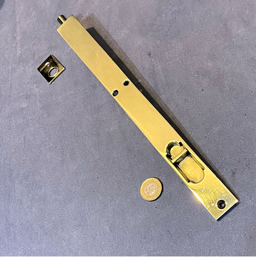 12" Recessed Brass Door Bolt — Brass, late 19th century