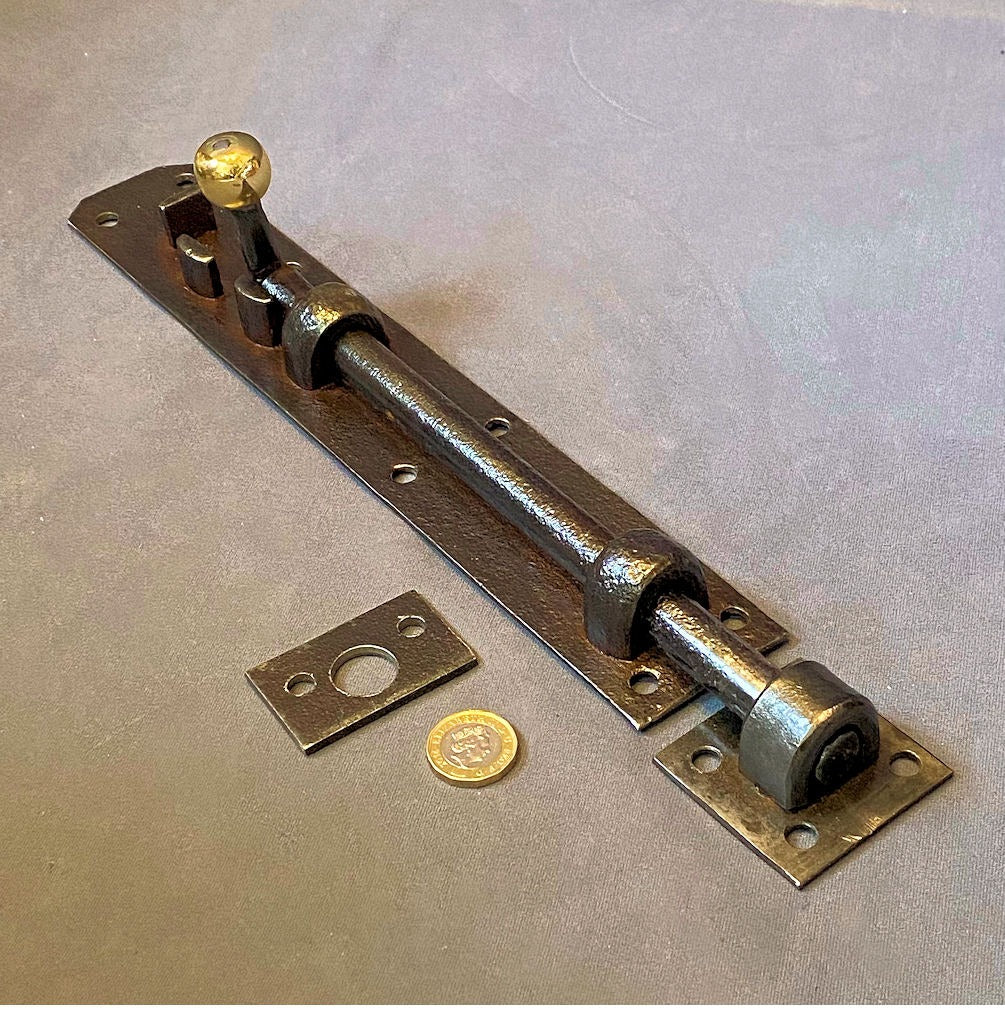 12" Wrought Iron Door Bolt — Wrought iron, early 19th century