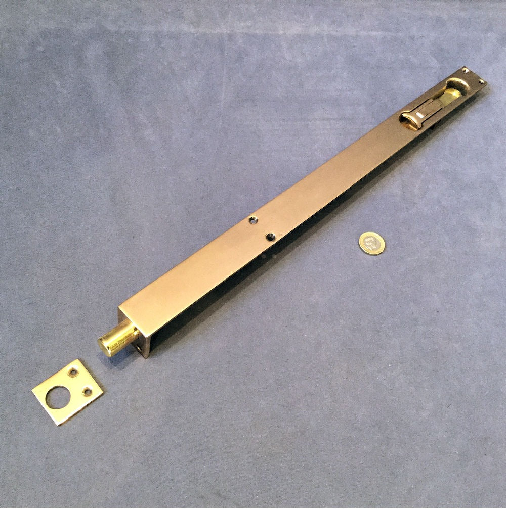 18" Recessed Brass Door Bolt — Brass, circa 1900