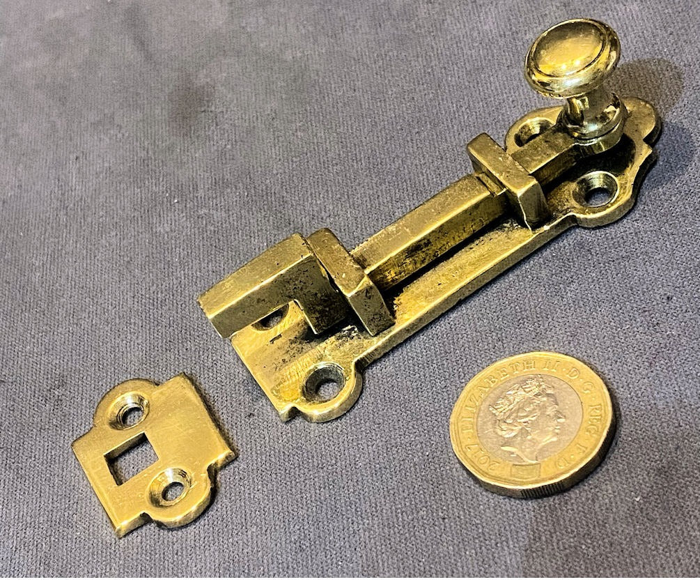 3" Brass Cupboard Door Bolt — Brass, late 19th century