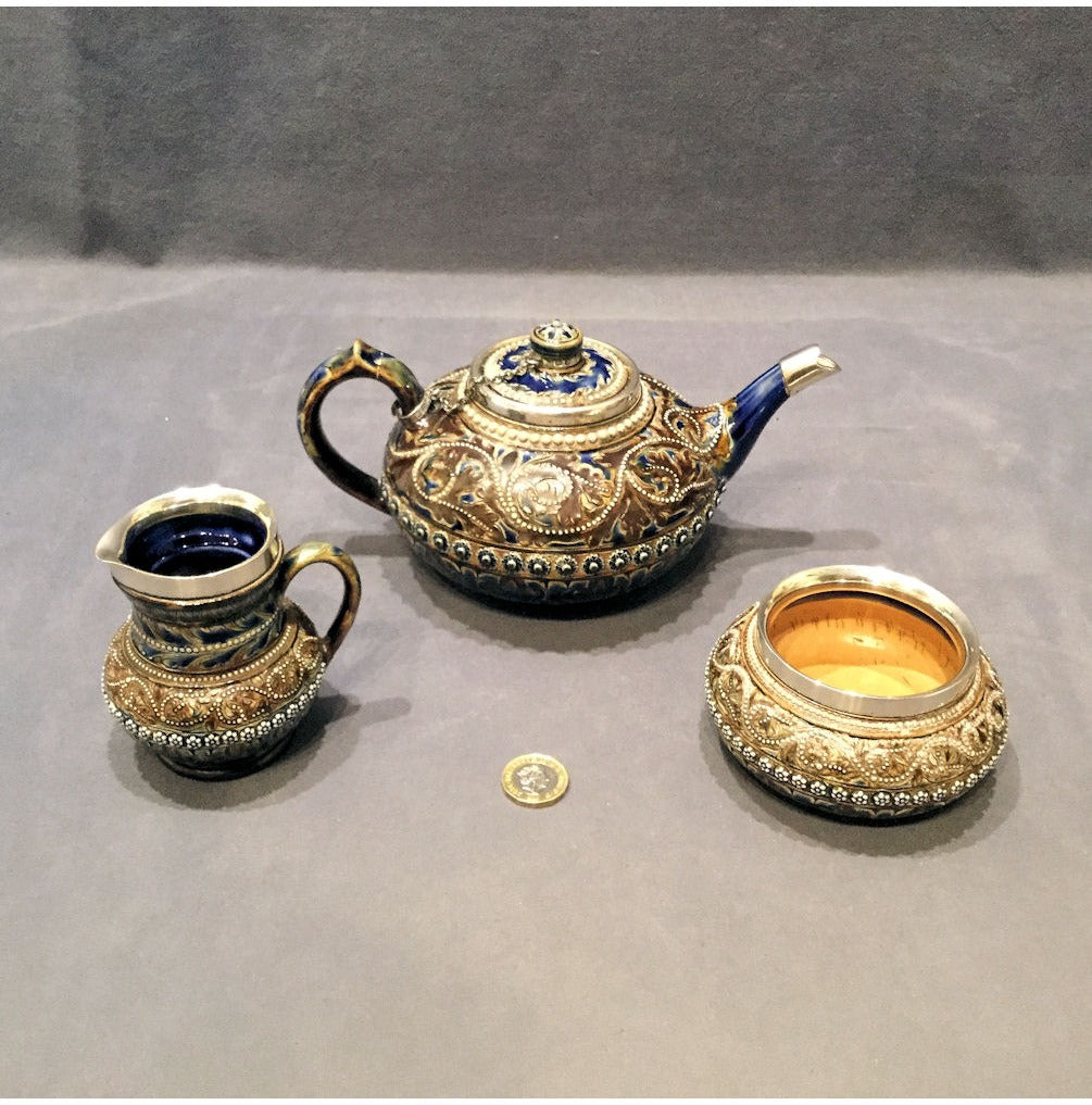 3 Piece Silver Mounted Doulton Tea Set — view 2