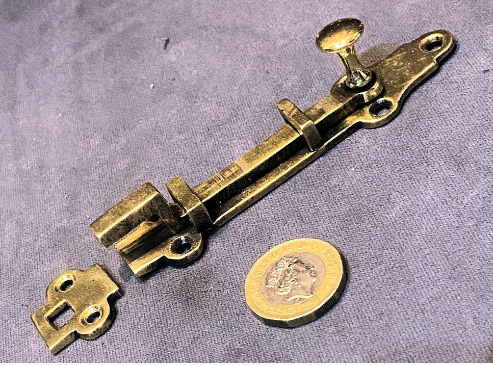 4" Brass Cupboard Door Bolt — Brass, late 19th century