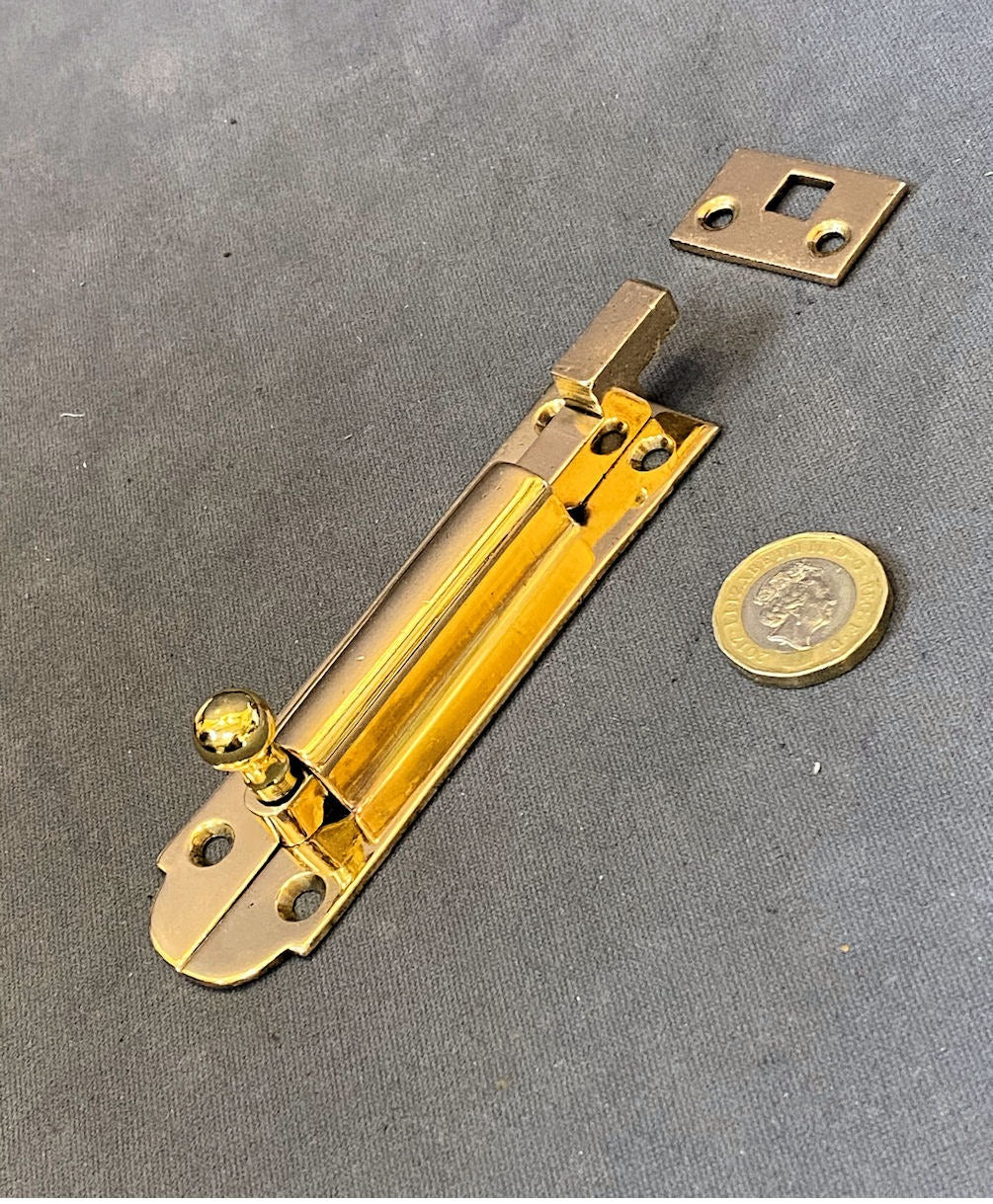 4" Brass Door Bolt — Brass, 1920's
