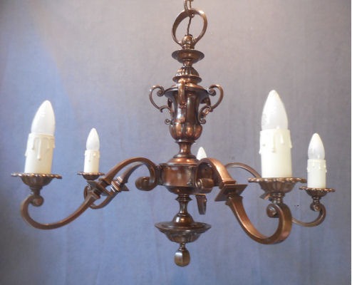 5 Branch Oxidised Electric Light Fitting — Brass, 1920's