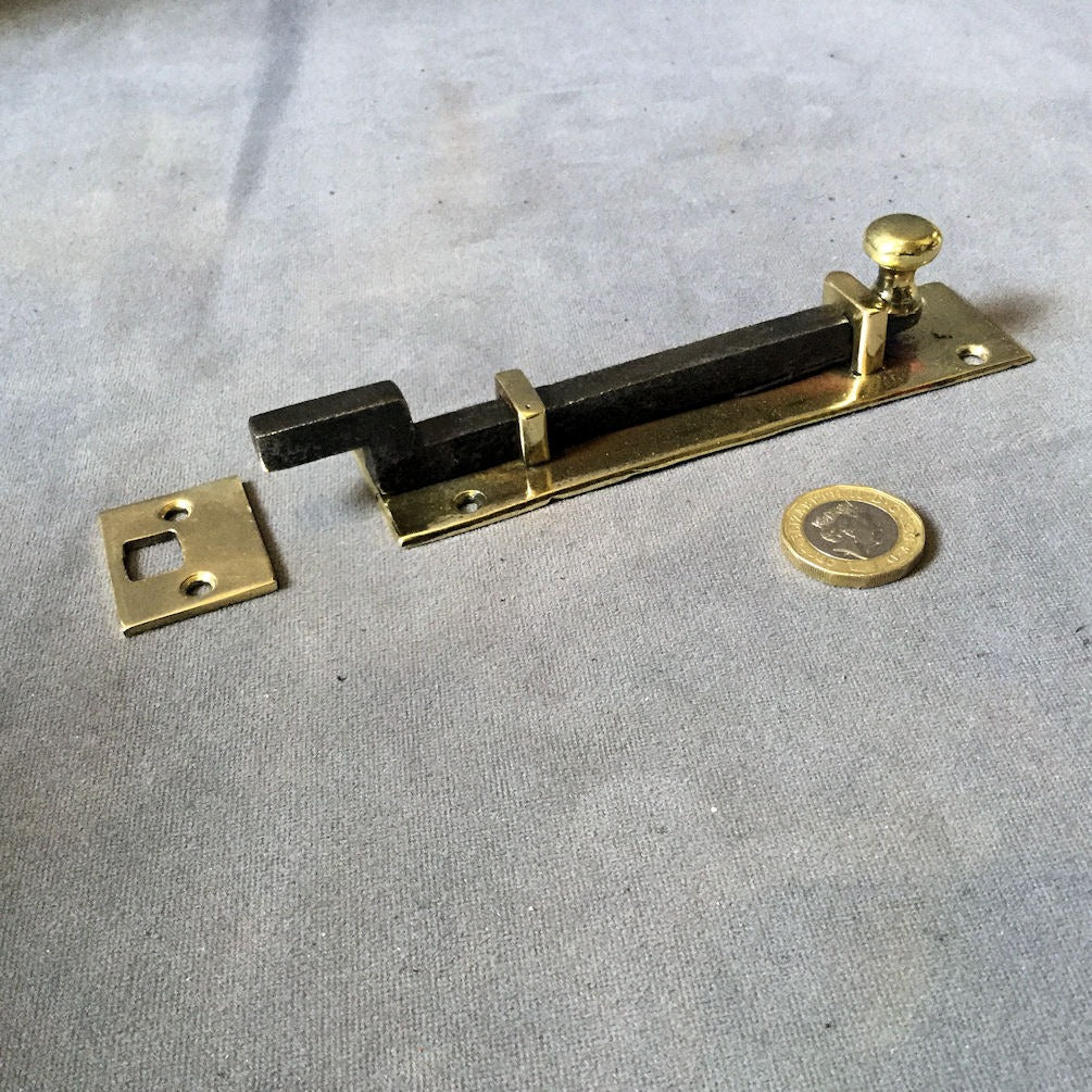 5" Brass and Wrought Iron Door Bolt — Brass, late 19th century