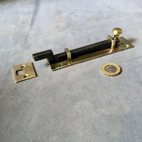 5" Brass and Wrought Iron Door Bolt — Brass, late 19th century