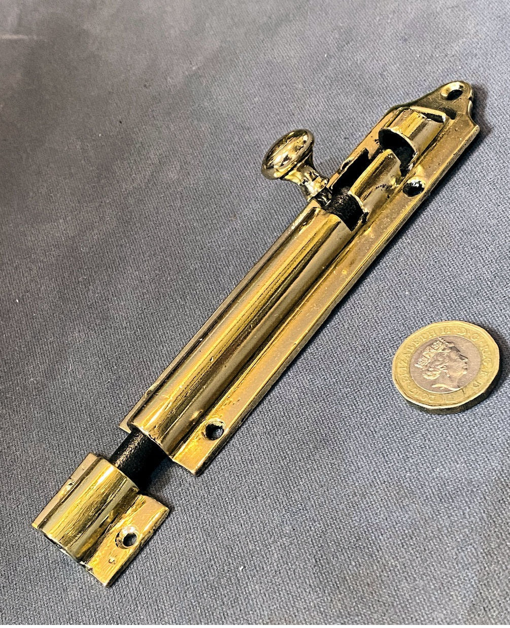 5" Brass Door Bolt — Brass, late 19th century