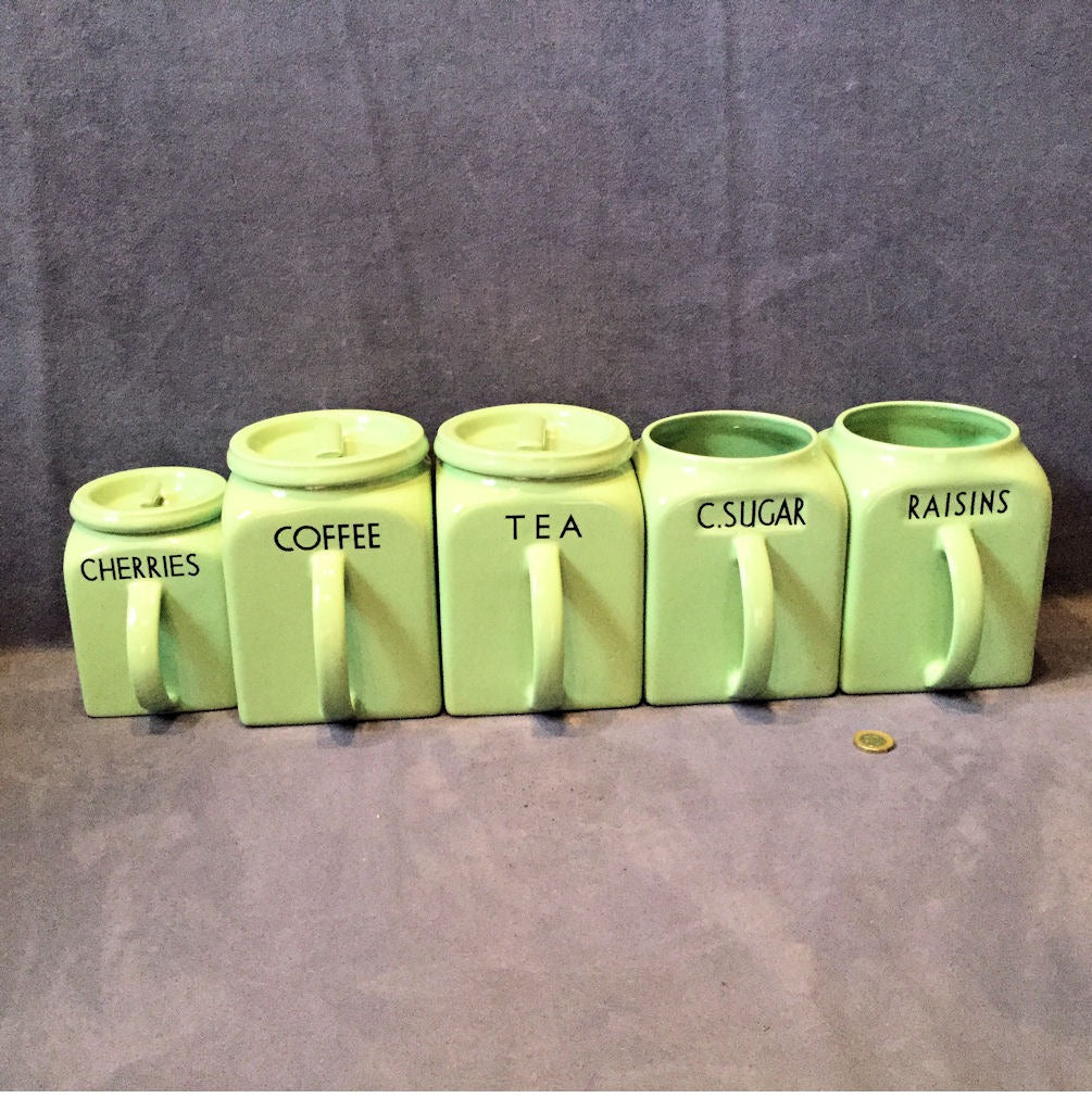 5 Green Ceramic Storage Jars — Ceramic, 1930's