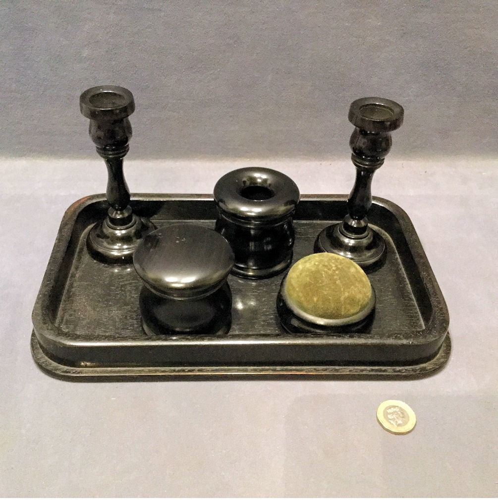 6 Matching Pieces Ebony Dressing Table Accessories — 1920's