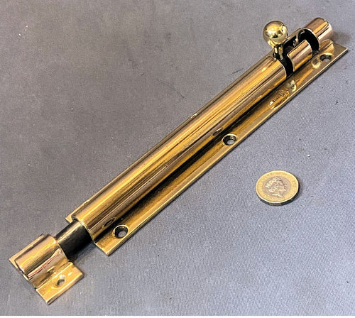 8" Brass Door Bolt — Brass, 1920's