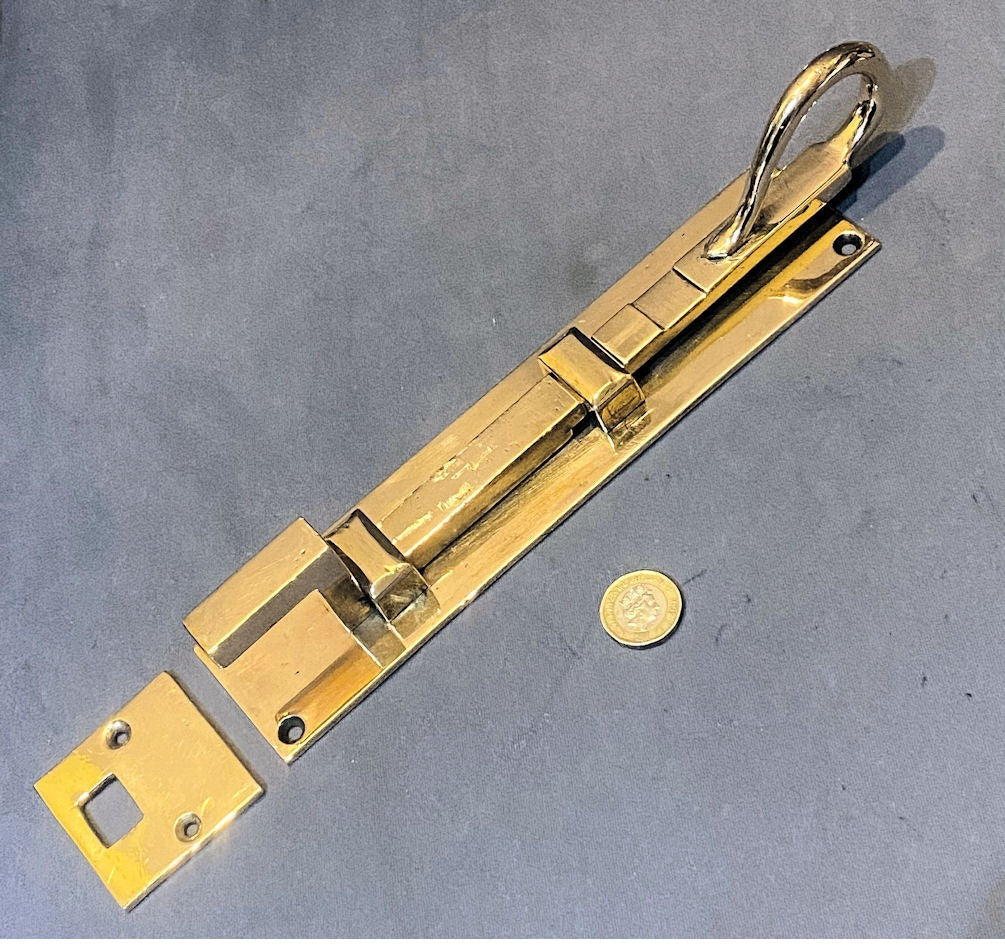 9" Brass Cranked Door Bolt — Brass, 1920's