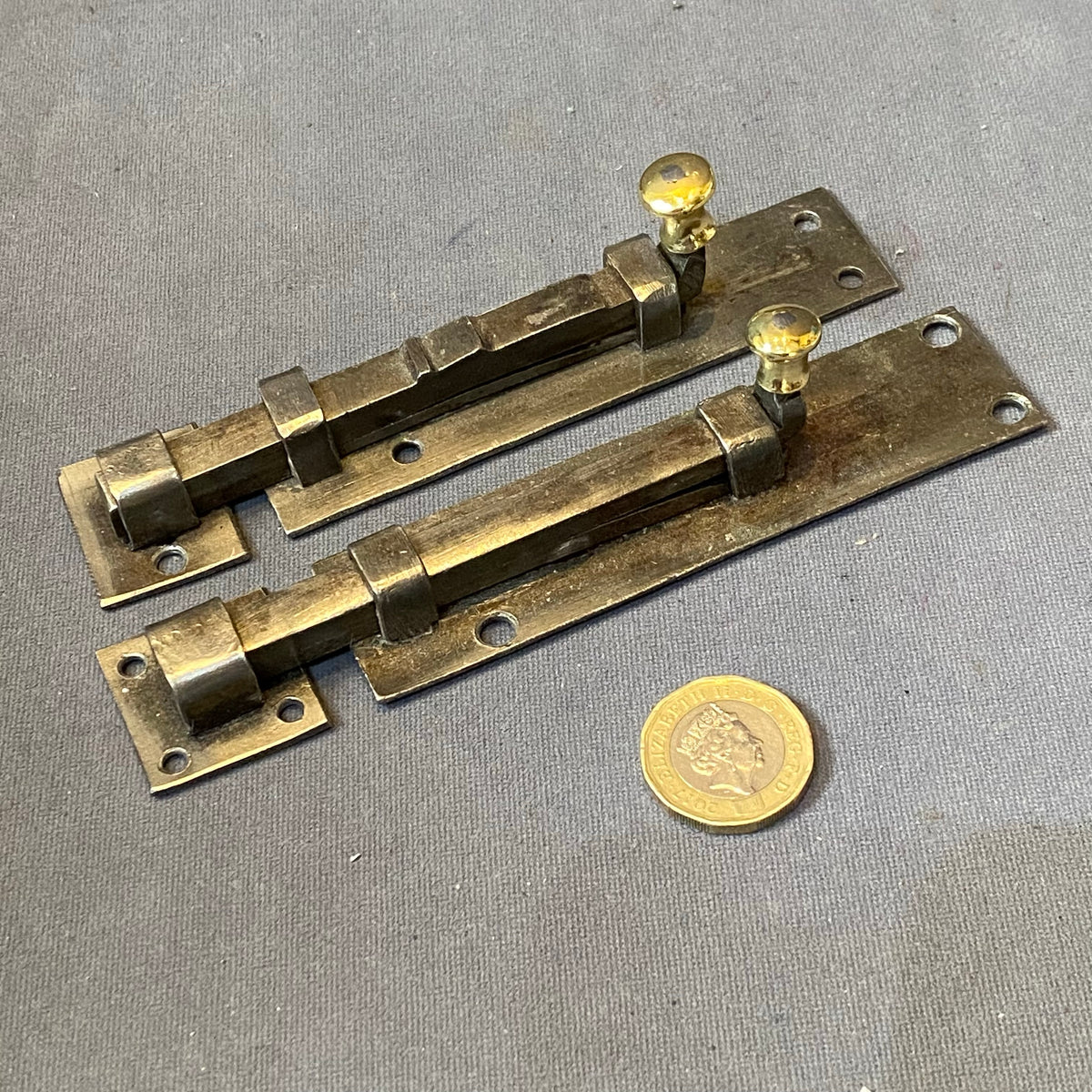 Near Pair of 4" Wrought Iron Cupboard Door Bolts