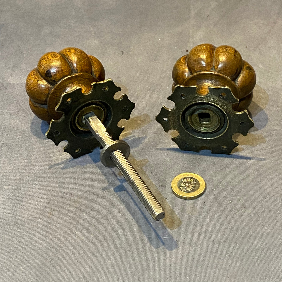 Pair of Carved Oak Door Handles