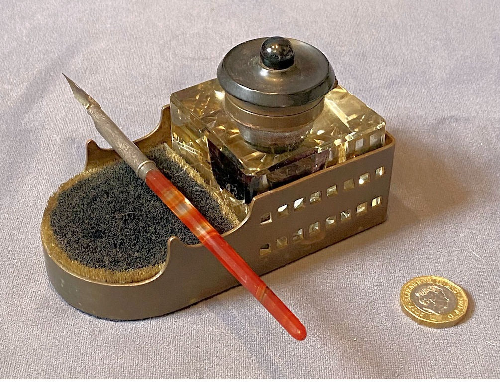Arts & Crafts Inkwell with Brush Wipe — Brass, circa 1880