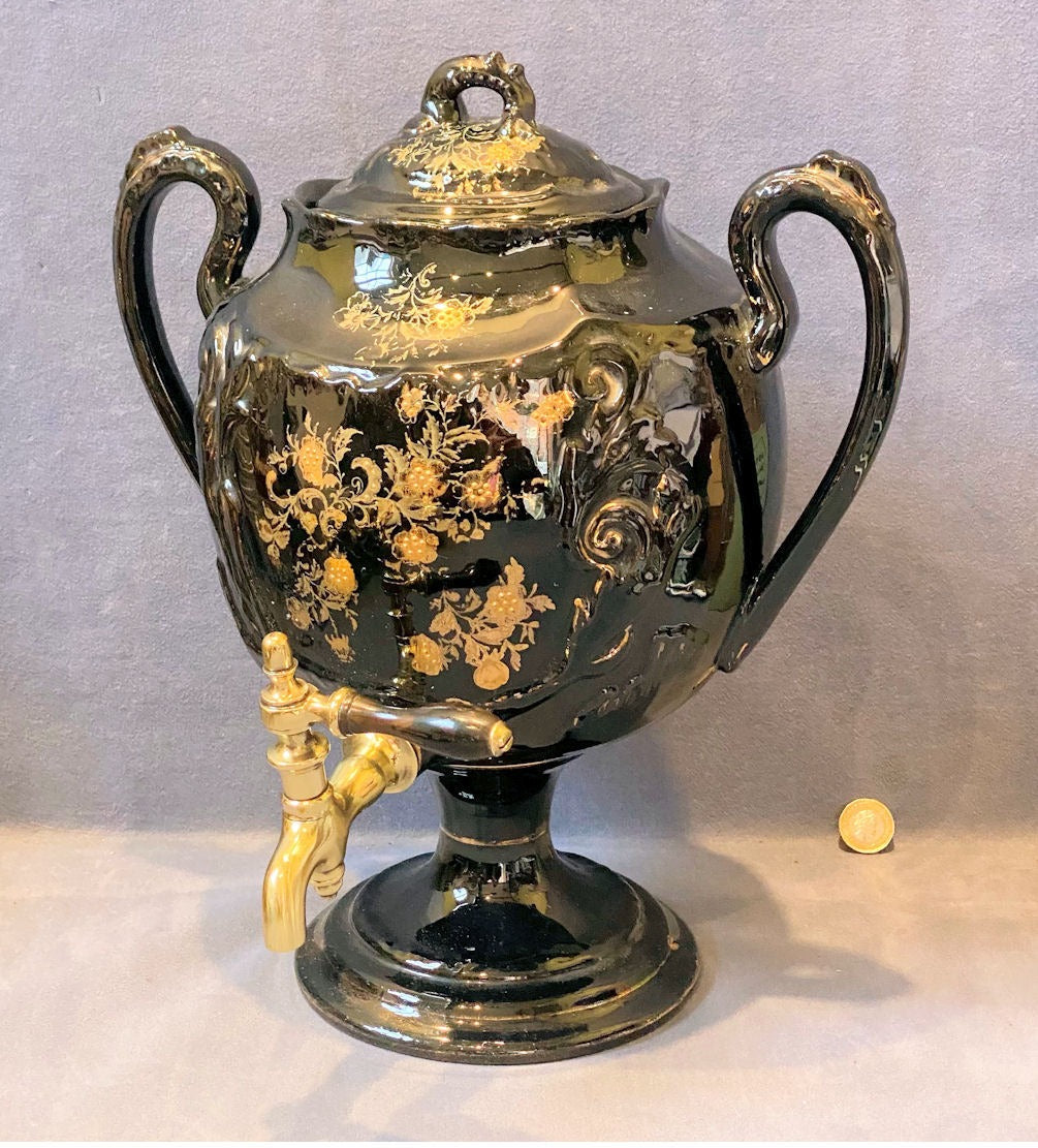 Black Glazed Stoneware Tea Urn — Stoneware, late 19th century