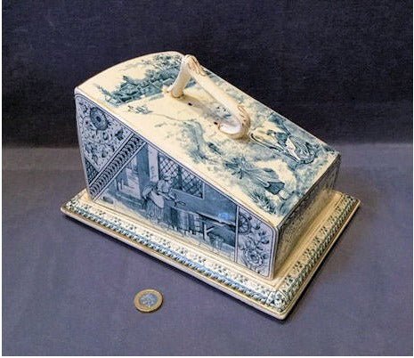 Blue and White Dairy Maids Cheese Dish and Cover — view 2