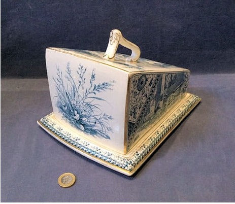 Blue and White Dairy Maids Cheese Dish and Cover — view 4