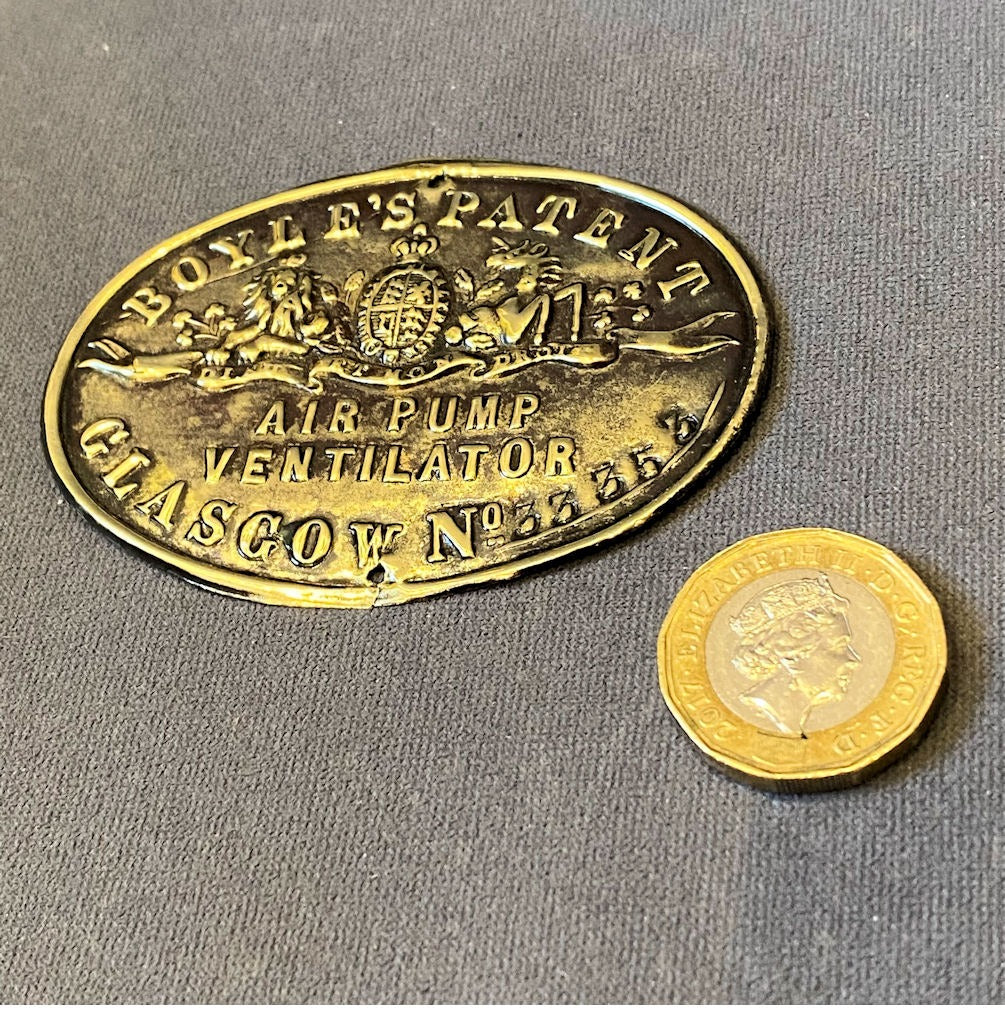 Boyles Patent Air Pump Ventilator Brass Plaque — Brass, late 19th century