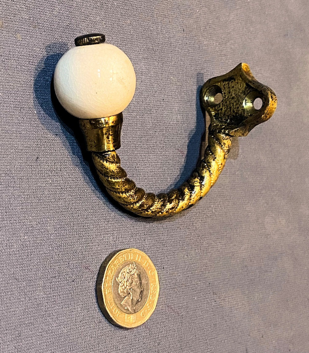 Brass & Ceramic Hat or Coat Hook, 6 matching available — Brass, late 19th century