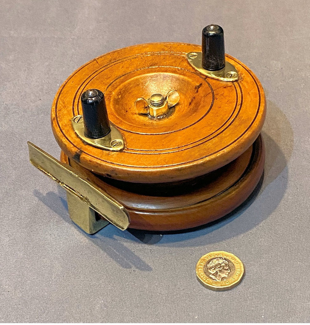 Brass & Mahogany Norwich Fishing Reel — Brass, 1920's