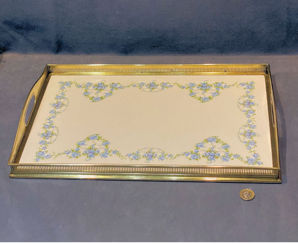 Brass Galleried Ceramic Tray — Brass, 1920's