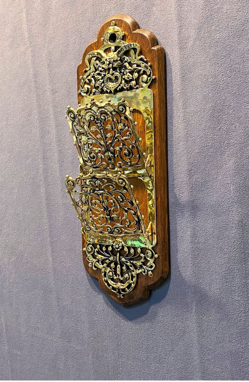 Brass on Oak Wall Mounted Letter Rack — Brass, late 19th century