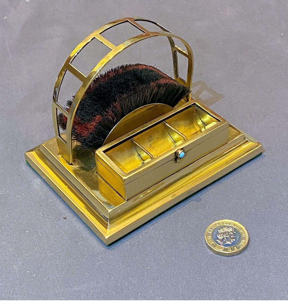 Brass Pen Rack with Pen Wipe & Stamp Box — Brass, late 19th century