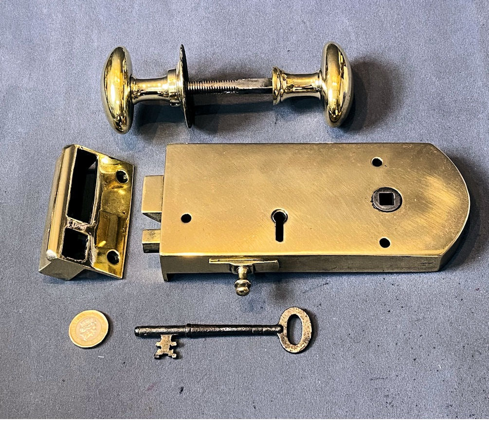 Brass Rim Lock with Handles, 2 matching available — Brass, late 19th century