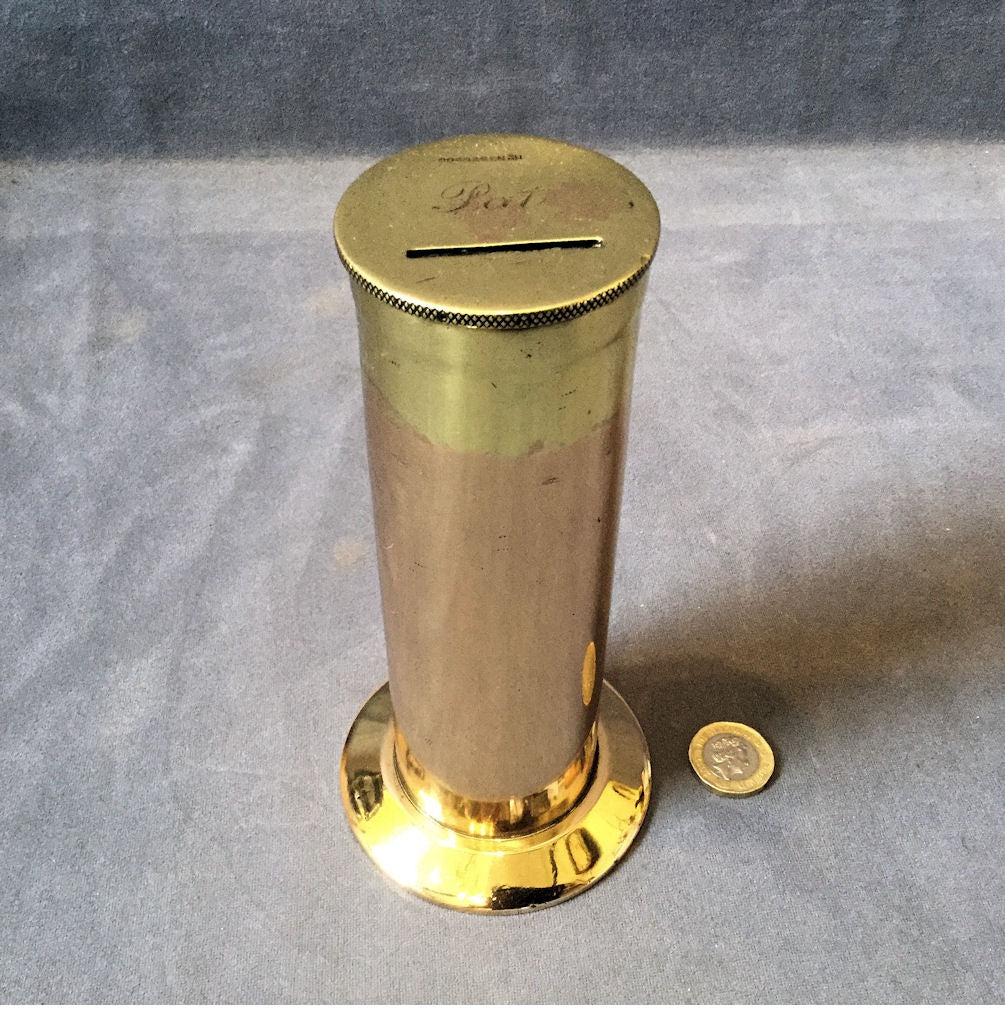 Brass Tubular Money Box — Brass, 1908