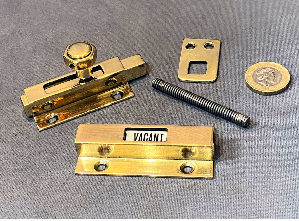 Brass Vacant / Engaged Toilet Door Bolt, 4 available — Brass, 1930's