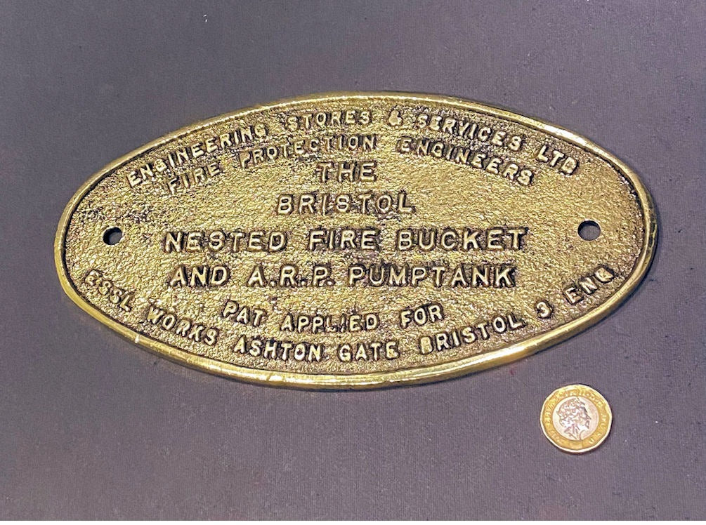 Bristol Nested Fire Bucket Brass Plaque — Brass, 1930's