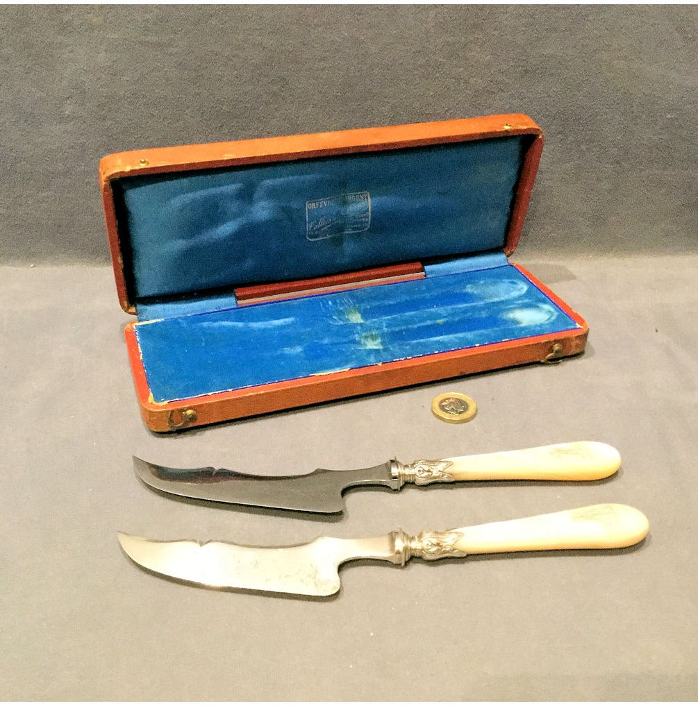 Cased Pair of French Cheese Knives in Case — view 2