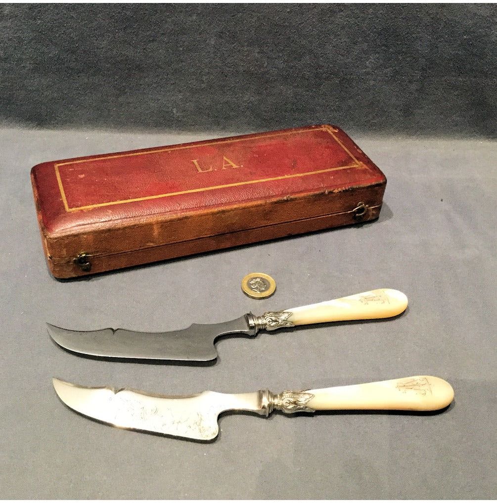 Cased Pair of French Cheese Knives in Case — view 4
