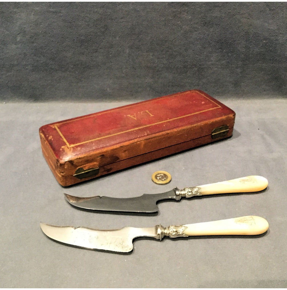 Cased Pair of French Cheese Knives in Case — view 5