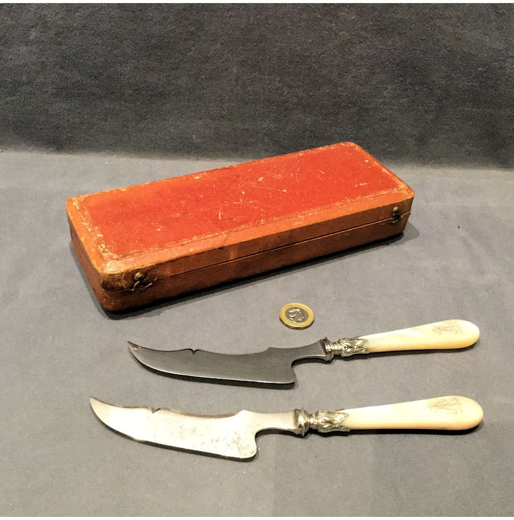 Cased Pair of French Cheese Knives in Case — view 6
