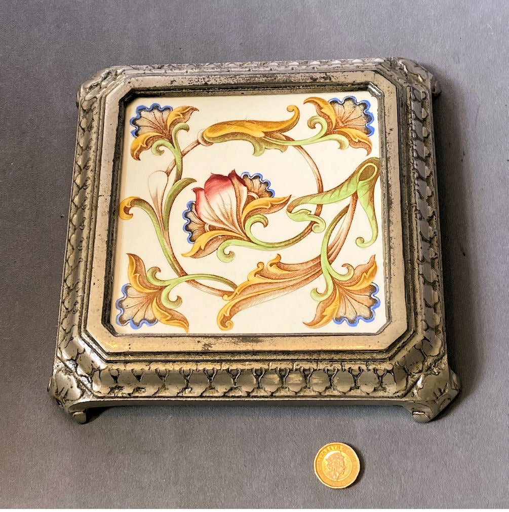 Cast Iron Potstand with Inset Tile — Cast iron, late 19th century