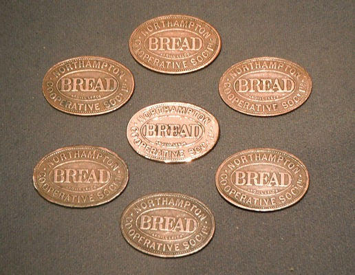 Co-op Bread Tokens, several available — Brass, 1920's