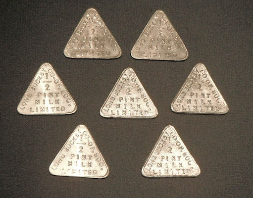 Co-op Milk Tokens, several available — Aluminium, 1920's