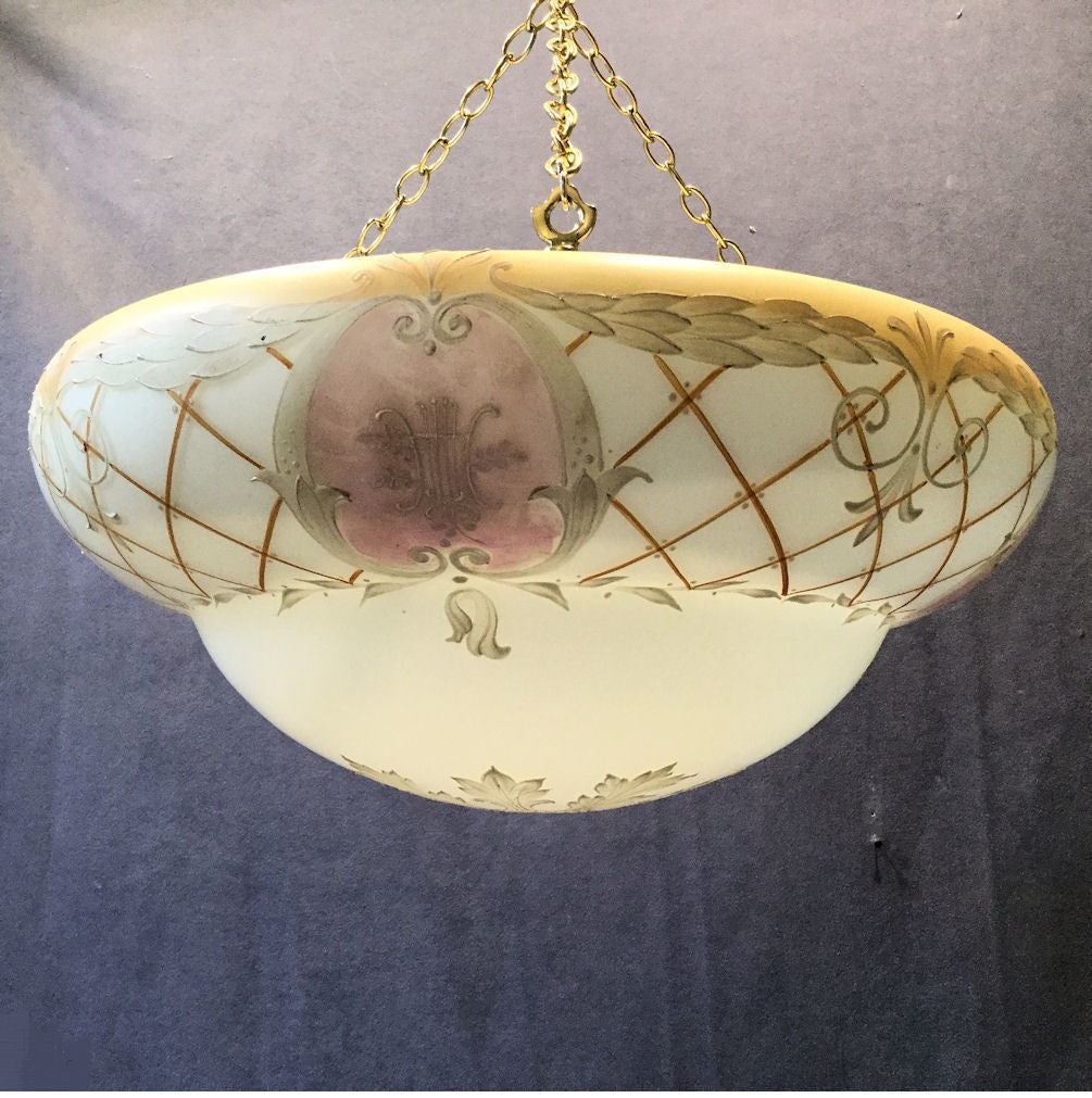 Decorated Overlaid Glass Bowl Light Fitting — Glass, 1920's