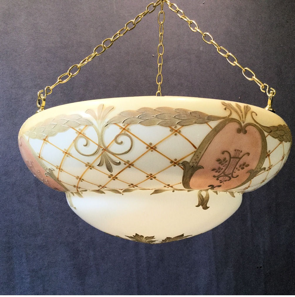 Decorated Overlaid Glass Bowl Light Fitting — Glass, 1920's