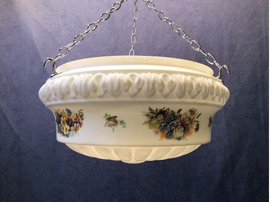 Decorated White Bowl Electric Light Fitting — Chrome, 1920's