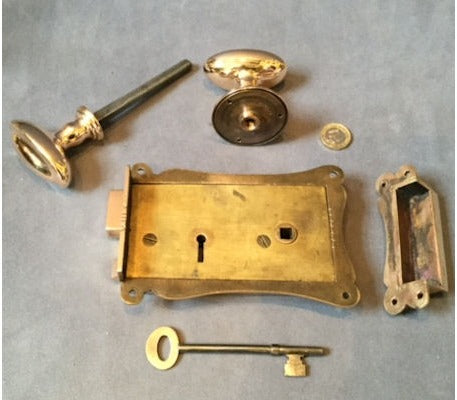 Elsleys Pink Brass Rim Lock with the original matching handle — view 2