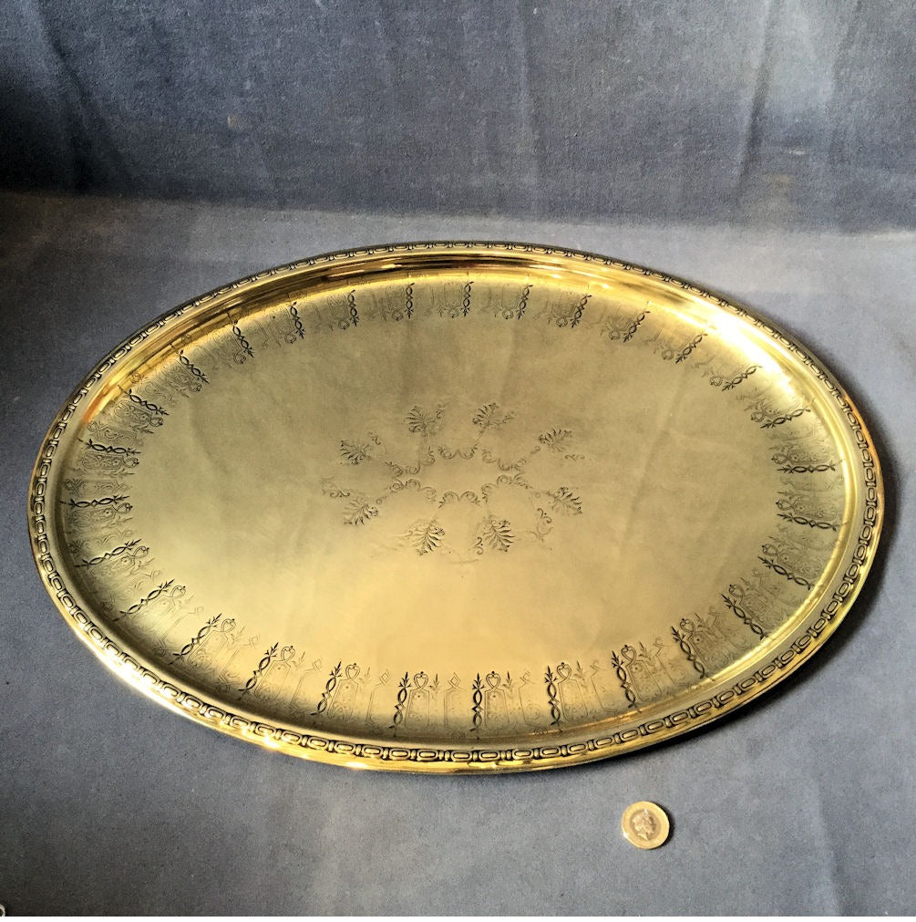 Engraved Oval Brass Drinks Tray — Brass, late 19th century